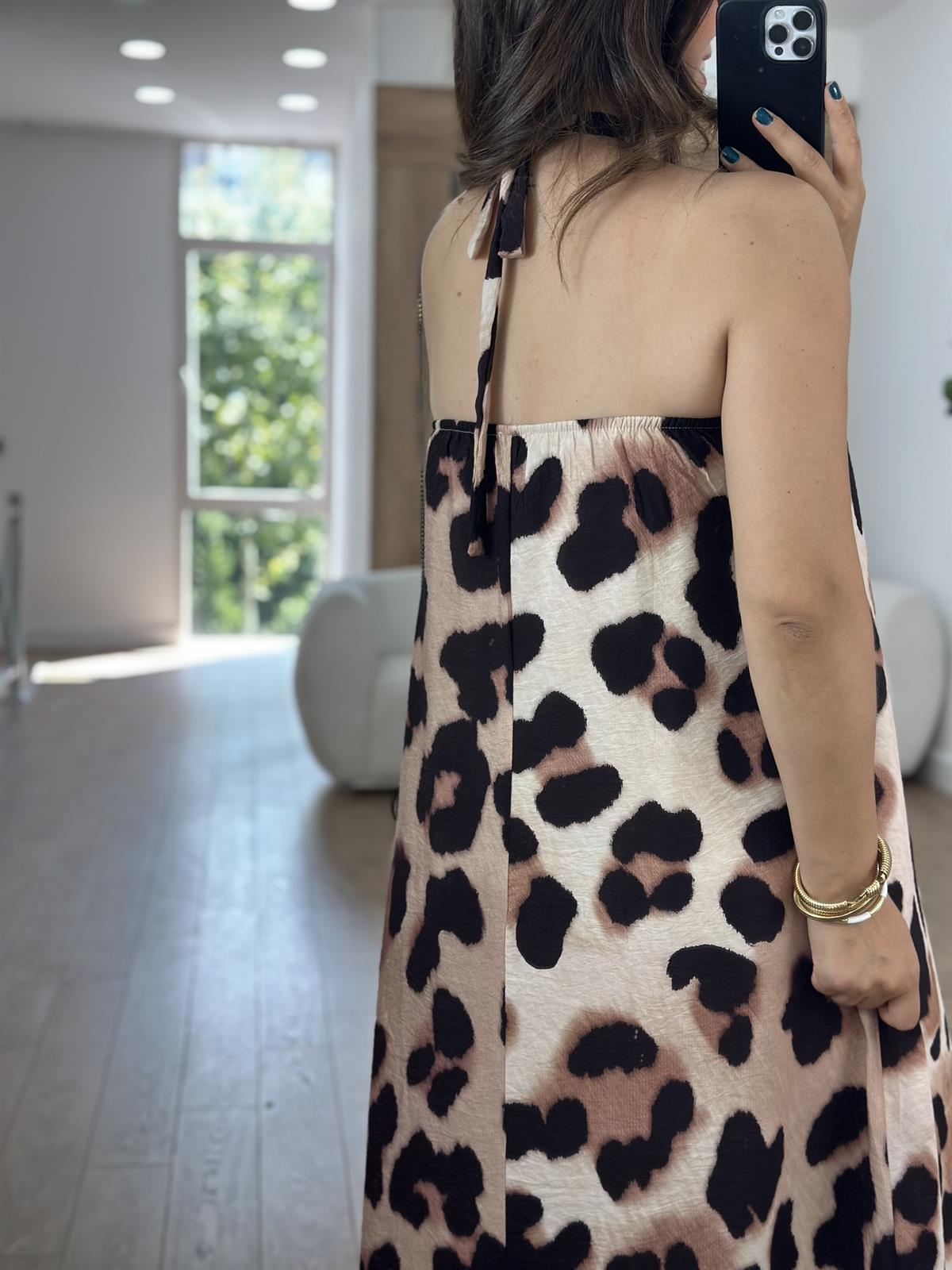 Boyundan Bağlamalı Leopar Elbise