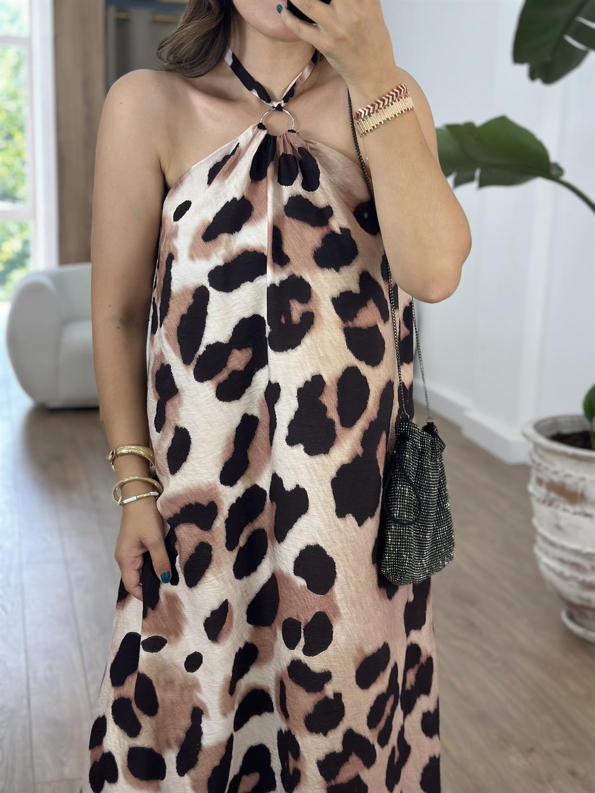 Boyundan Bağlamalı Leopar Elbise