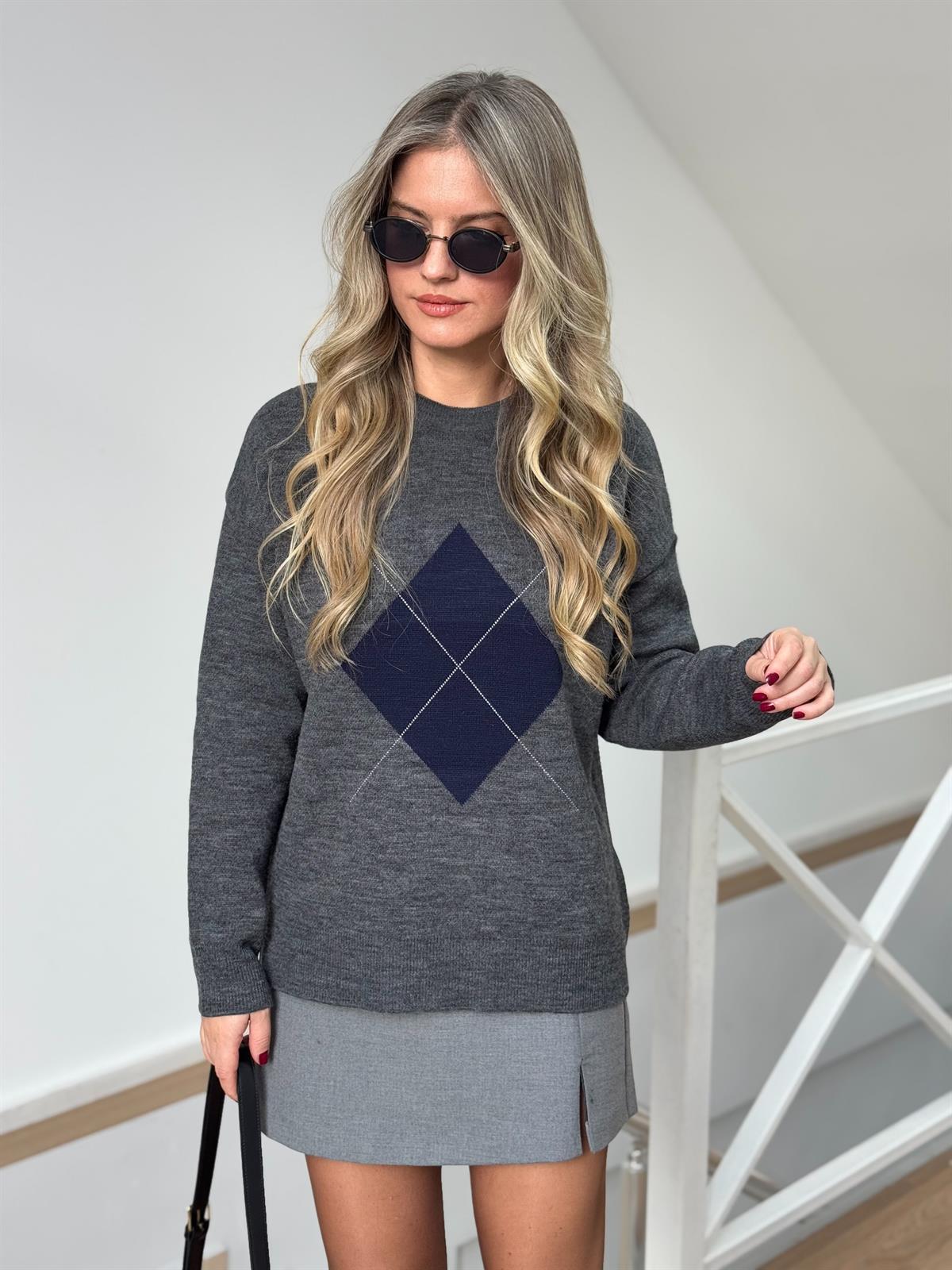 Büyük Baklava Desenli Kazak - Gri