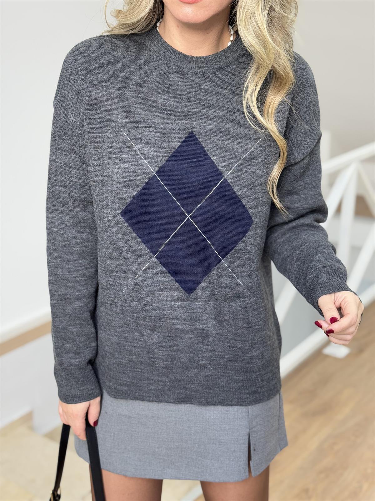 Büyük Baklava Desenli Kazak - Gri