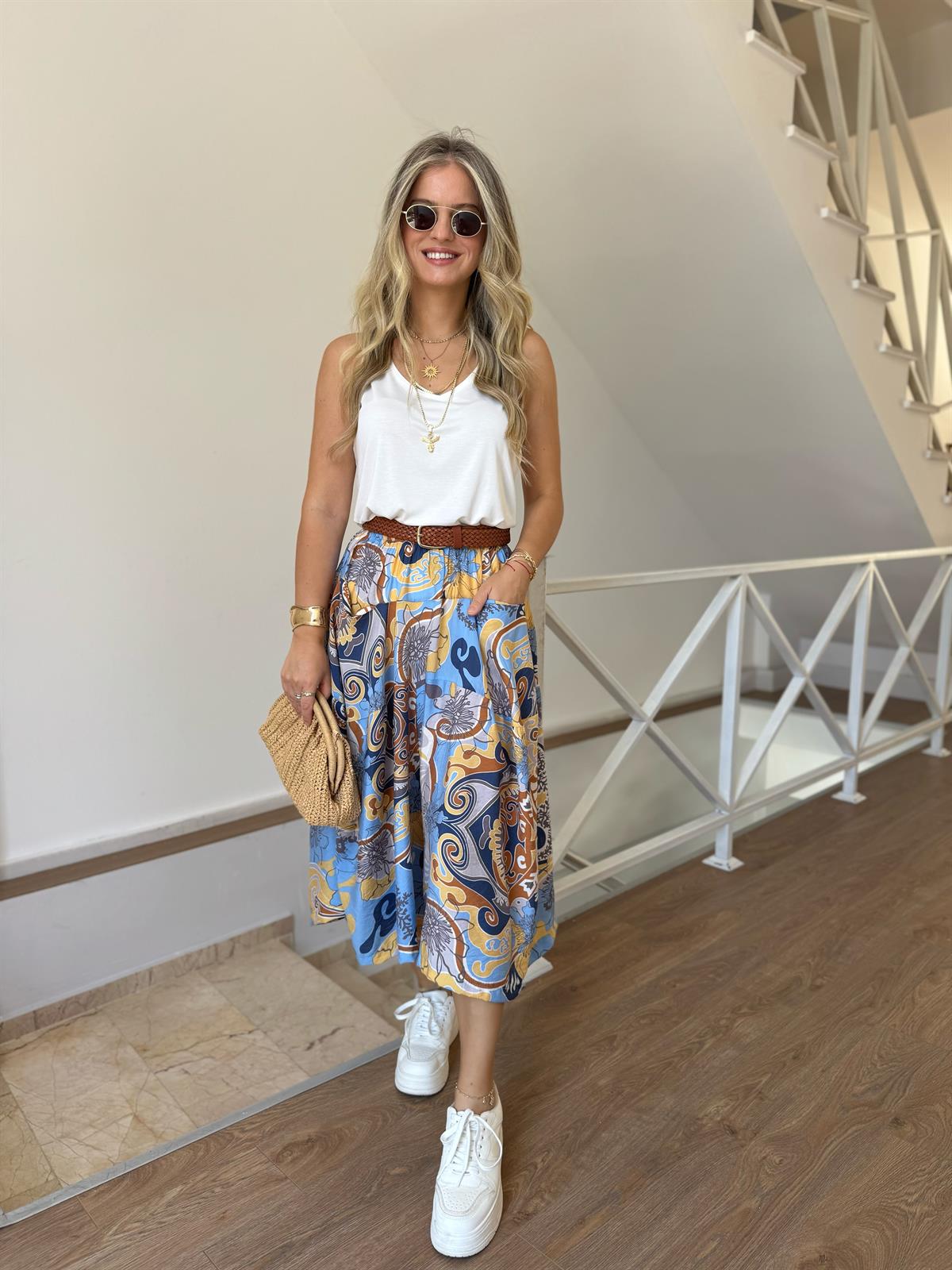 Büyük Cepli Desenli Tensel Pantolon Etek