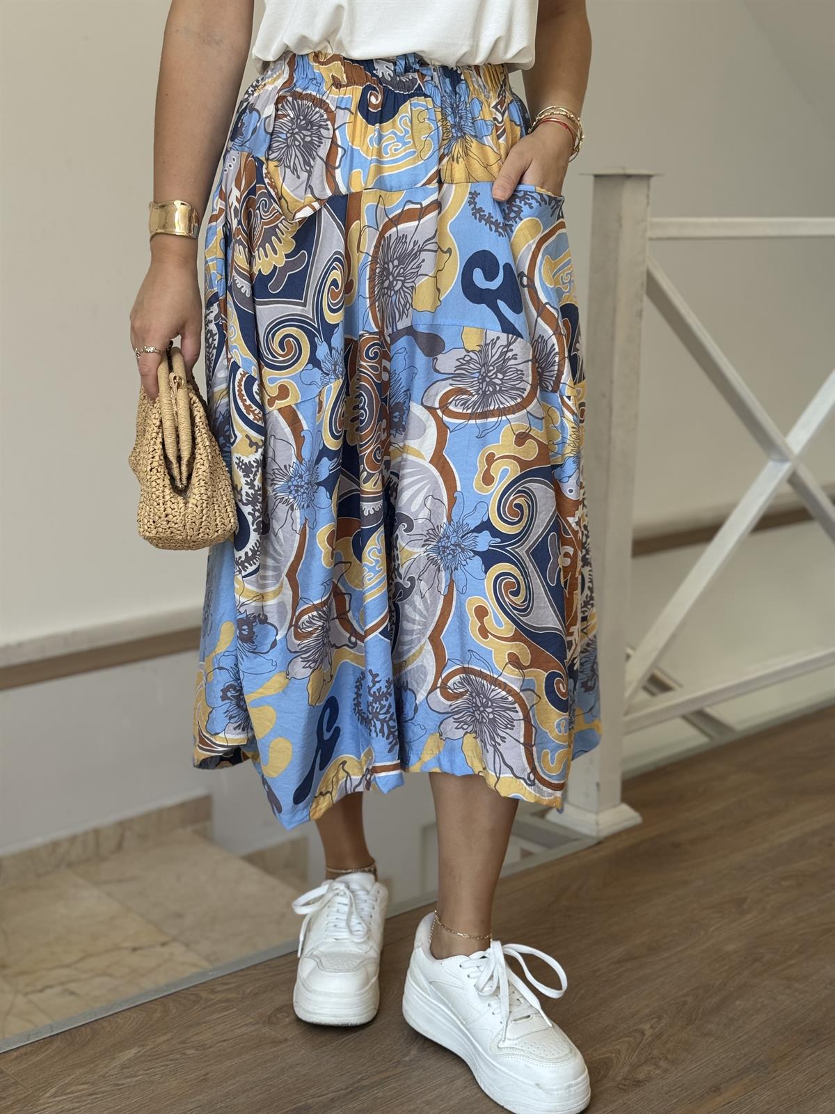 Büyük Cepli Desenli Tensel Pantolon Etek