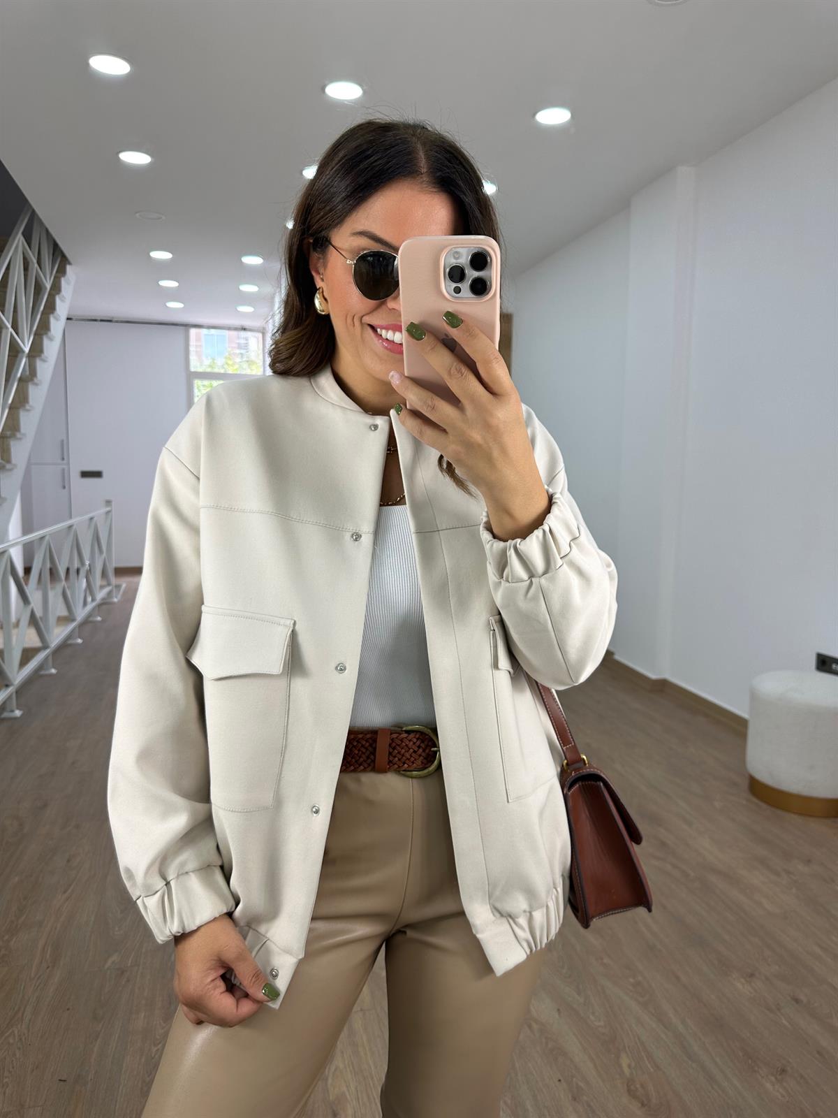 Büyük Cepli Önü Çıtçıtlı Bomber Ceket-Taş