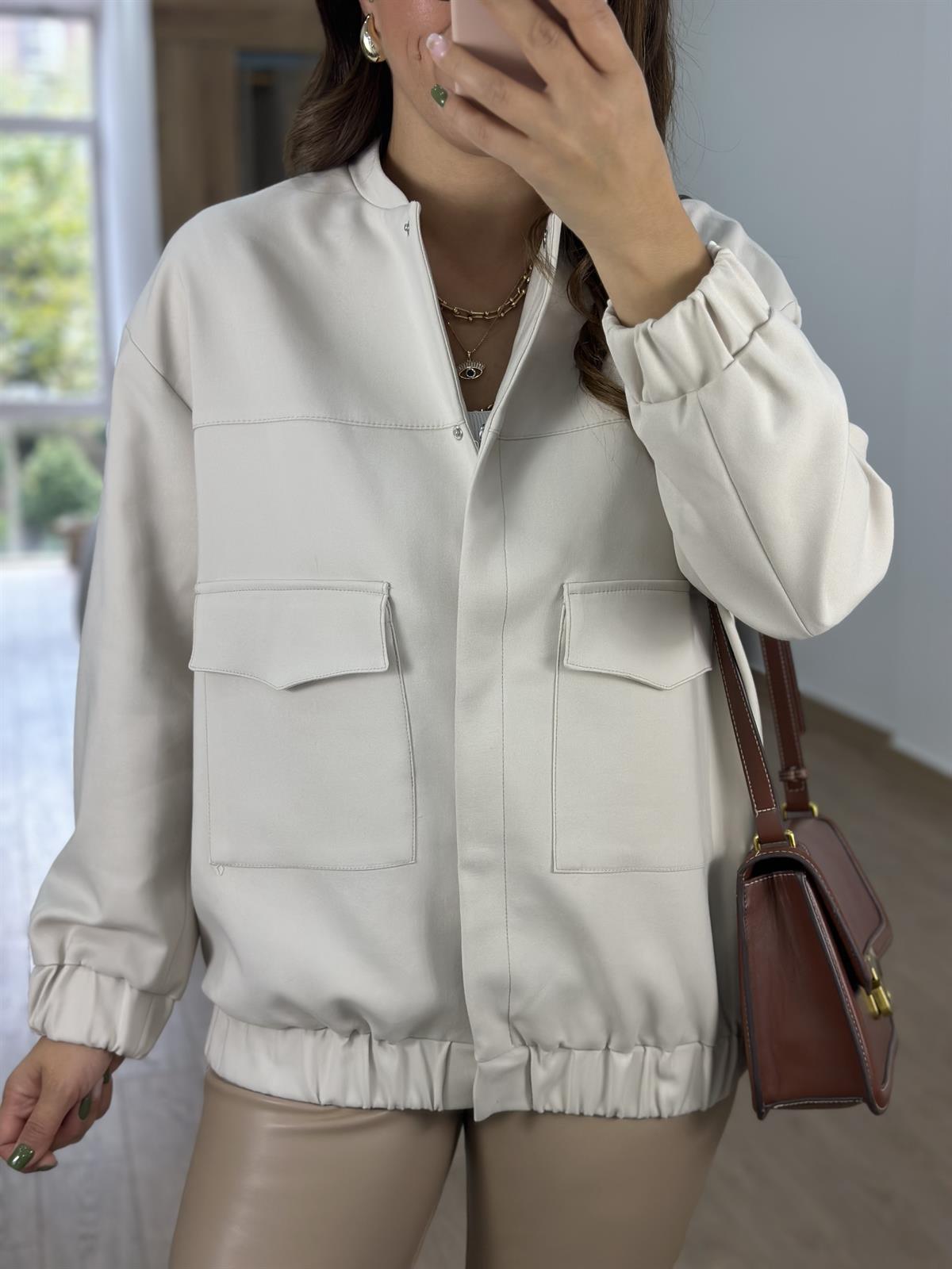 Büyük Cepli Önü Çıtçıtlı Bomber Ceket-Taş