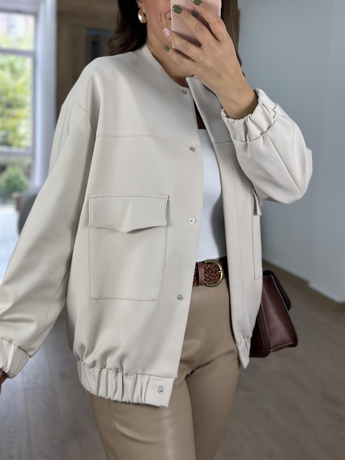 Büyük Cepli Önü Çıtçıtlı Bomber Ceket-Taş