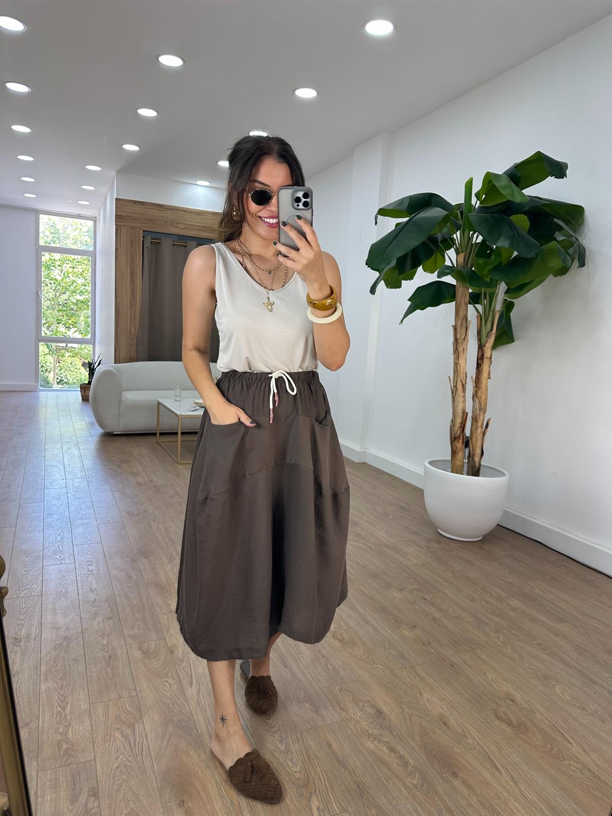 Büyük Cepli Tensel Pantolon Etek - Kahverengi