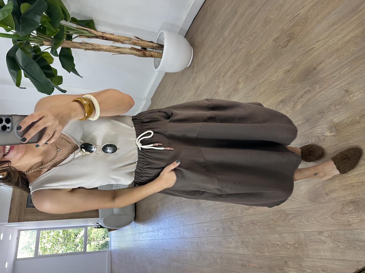 Büyük Cepli Tensel Pantolon Etek - Kahverengi