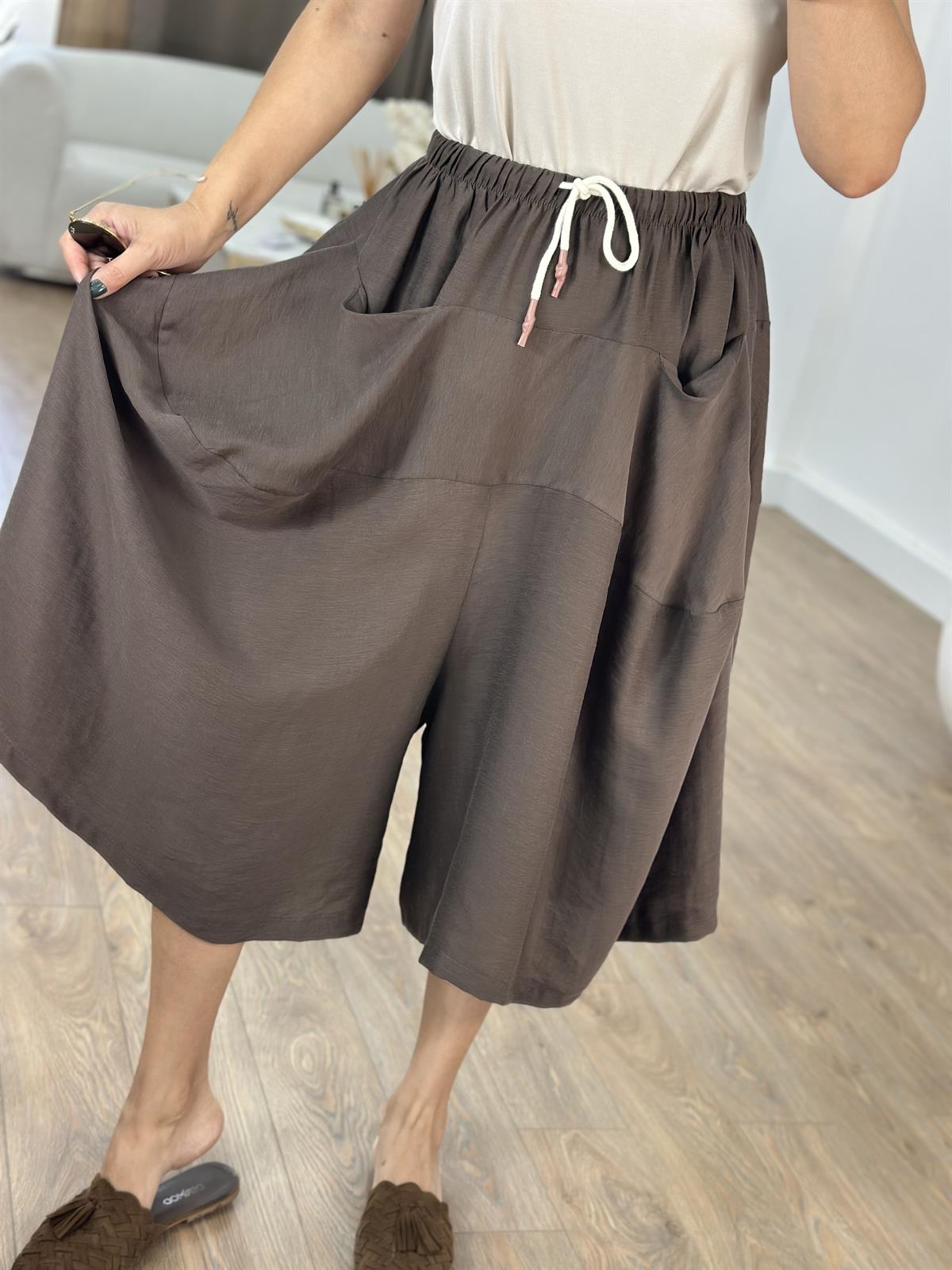 Büyük Cepli Tensel Pantolon Etek - Kahverengi