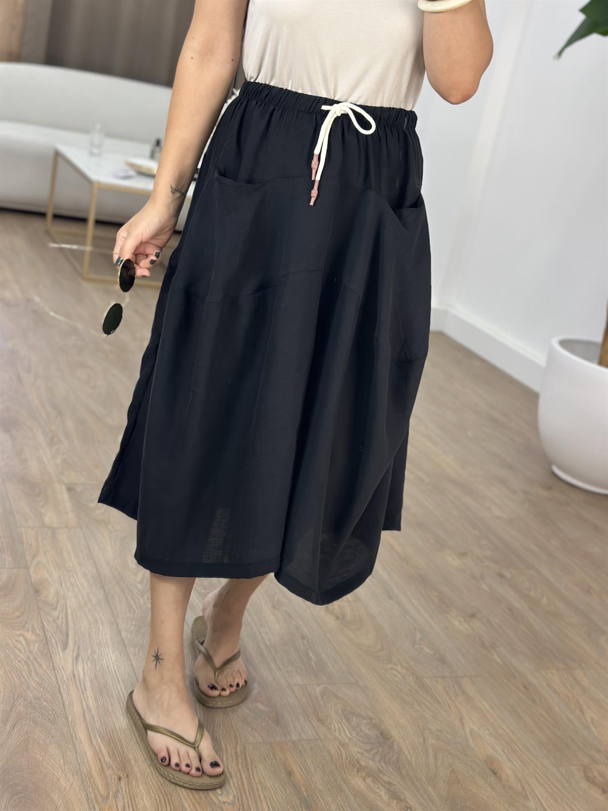 Büyük Cepli Tensel Pantolon Etek - Siyah