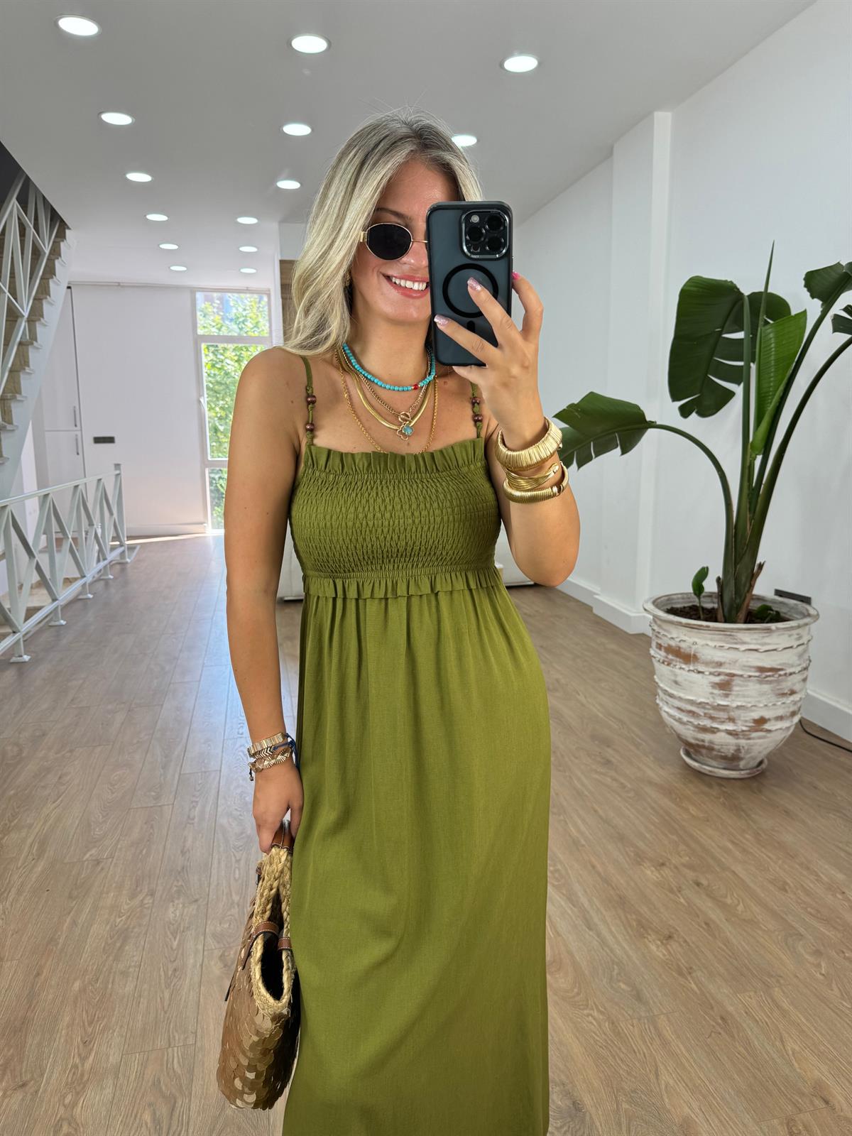 Büzgü Detaylı Midi Elbise - Haki