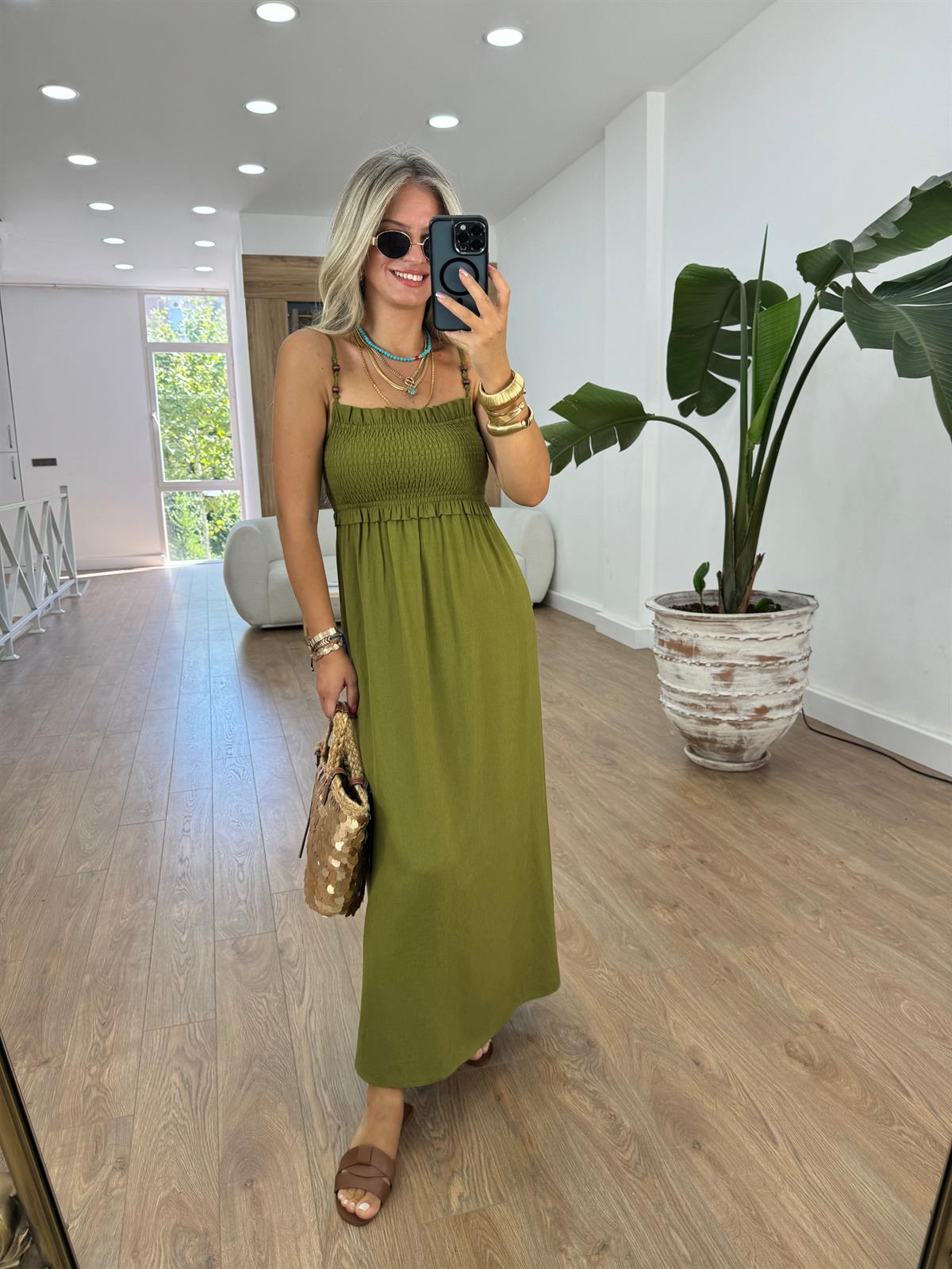 Büzgü Detaylı Midi Elbise - Haki