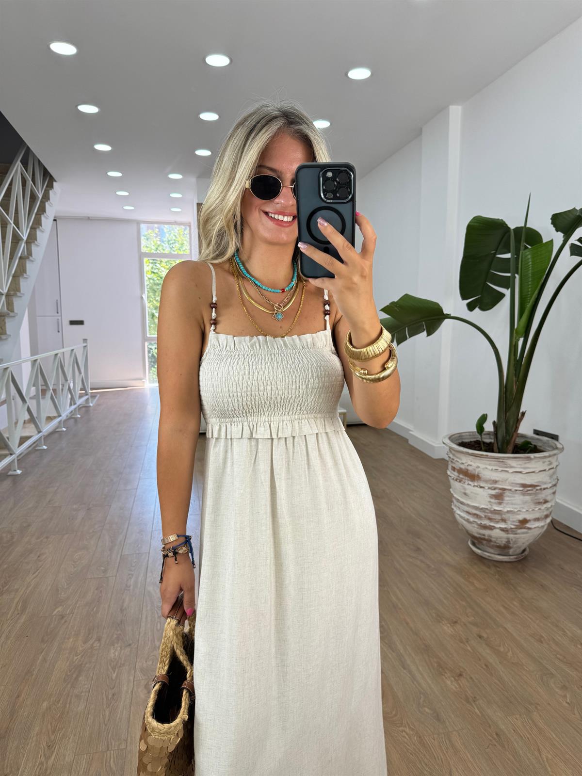 Büzgü Detaylı Midi Elbise - Taş