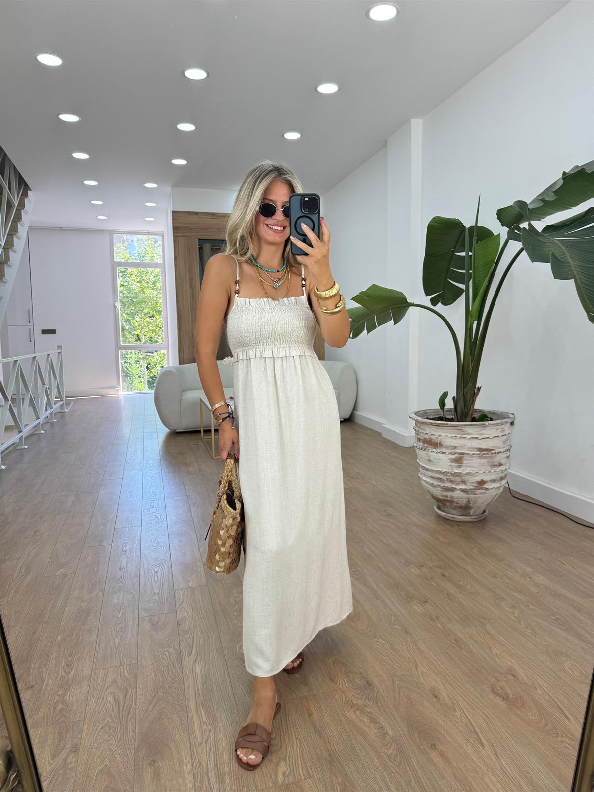 Büzgü Detaylı Midi Elbise - Taş