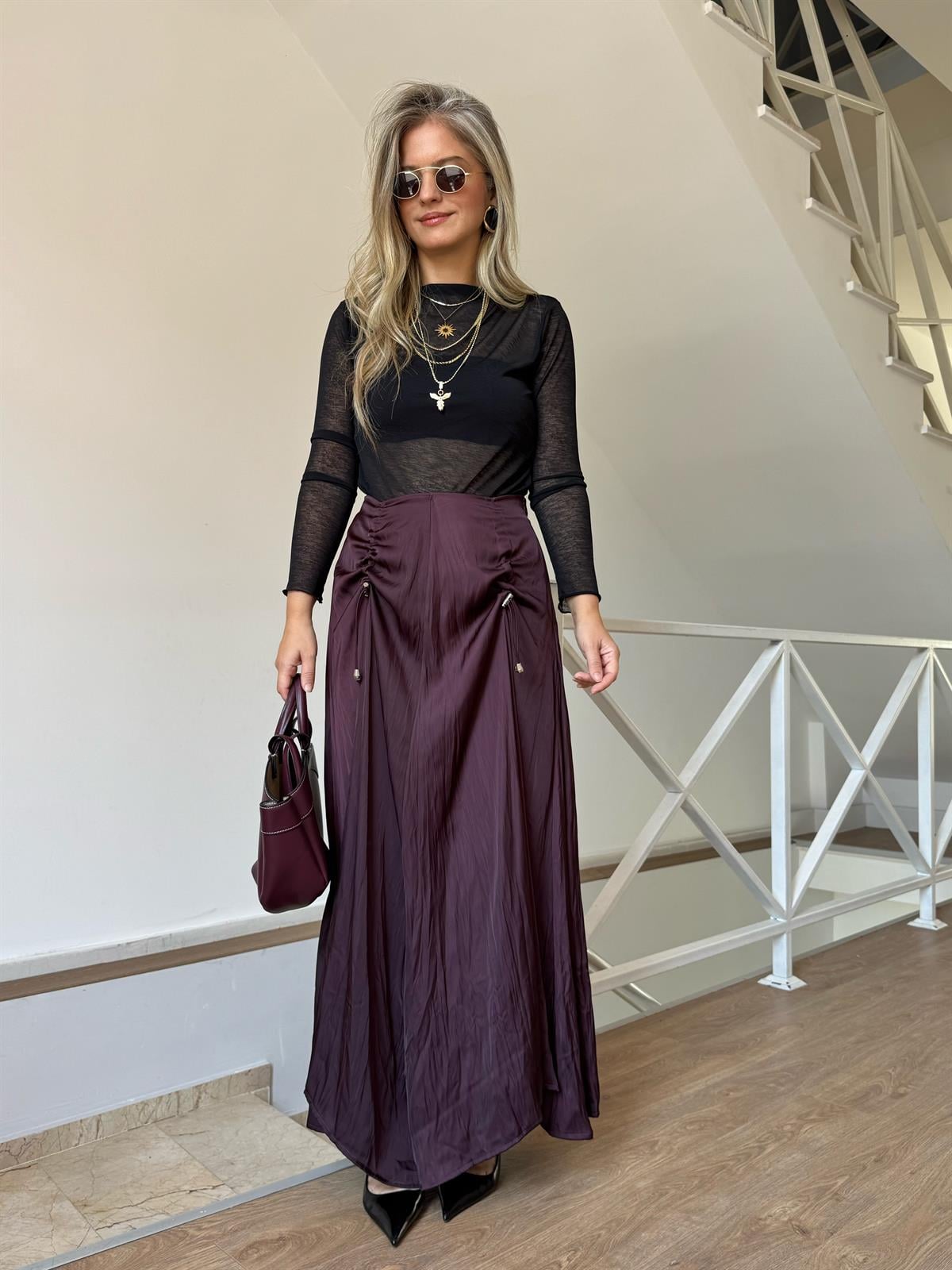 Büzgü Detaylı Saten Maxi Etek - Bordo