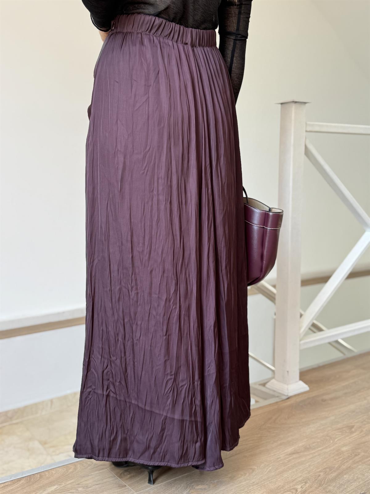 Büzgü Detaylı Saten Maxi Etek - Bordo