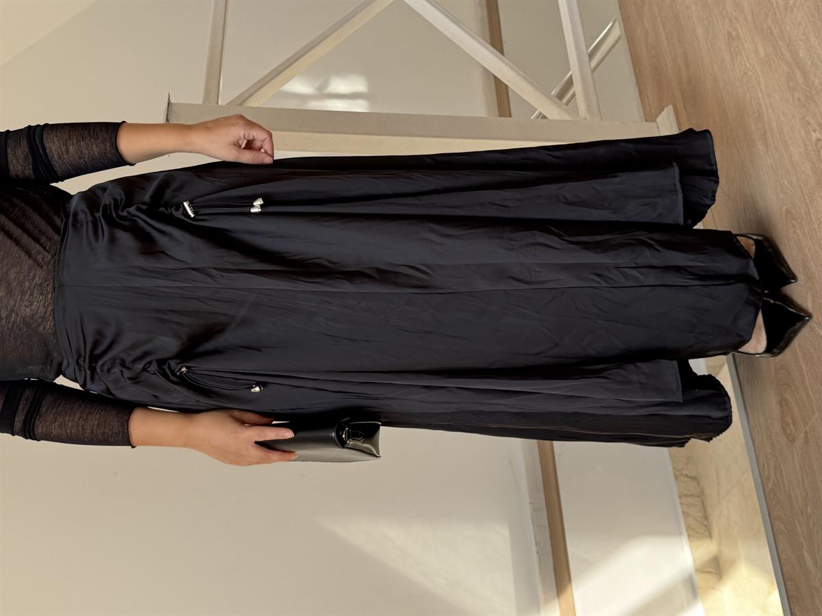 Büzgü Detaylı Saten Maxi Etek - Siyah