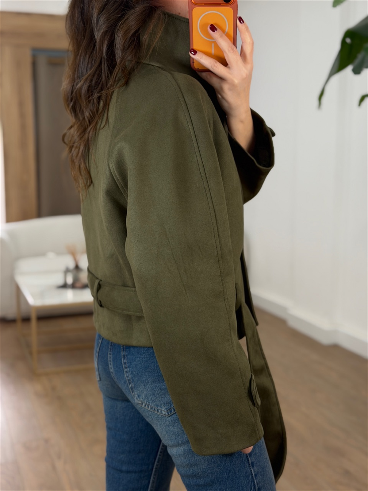 Dik Yaka Kuşaklı Süet Ceket - Haki 