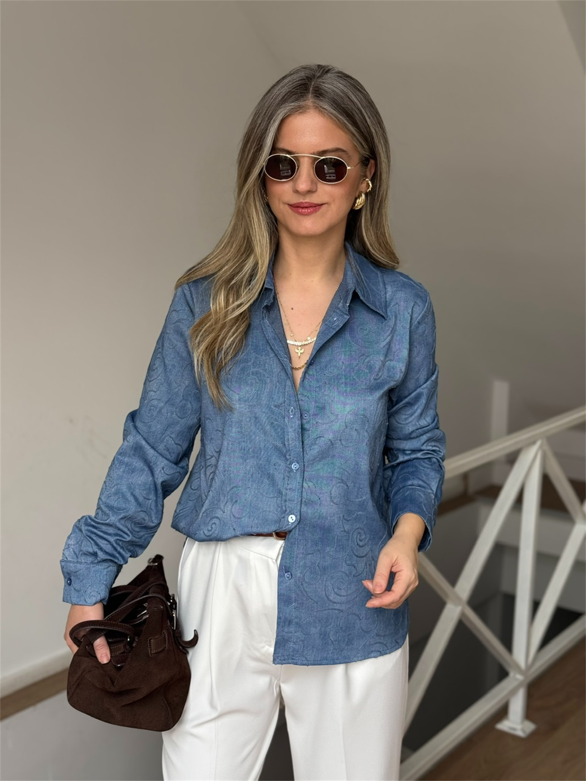 Nakış Detaylı Tensel Denim Gömlek - Mavi