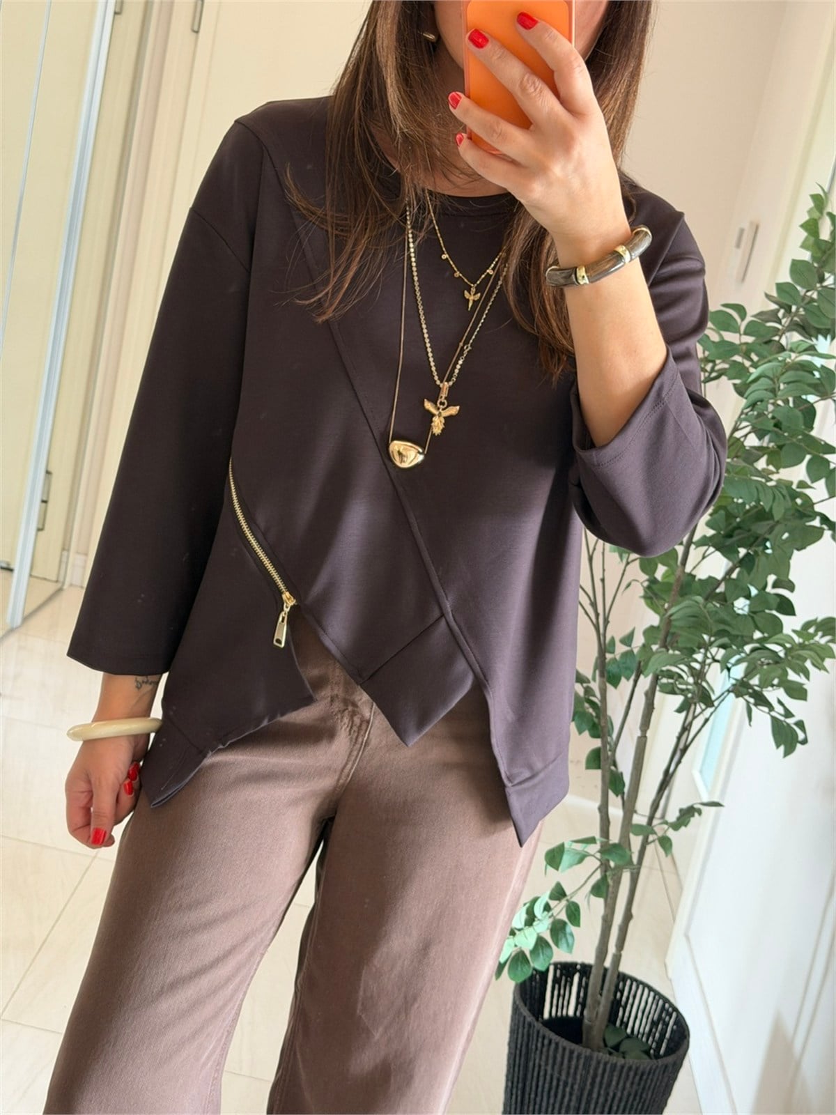 Fermuar Detaylı Modal Sweatshirt-Kahve