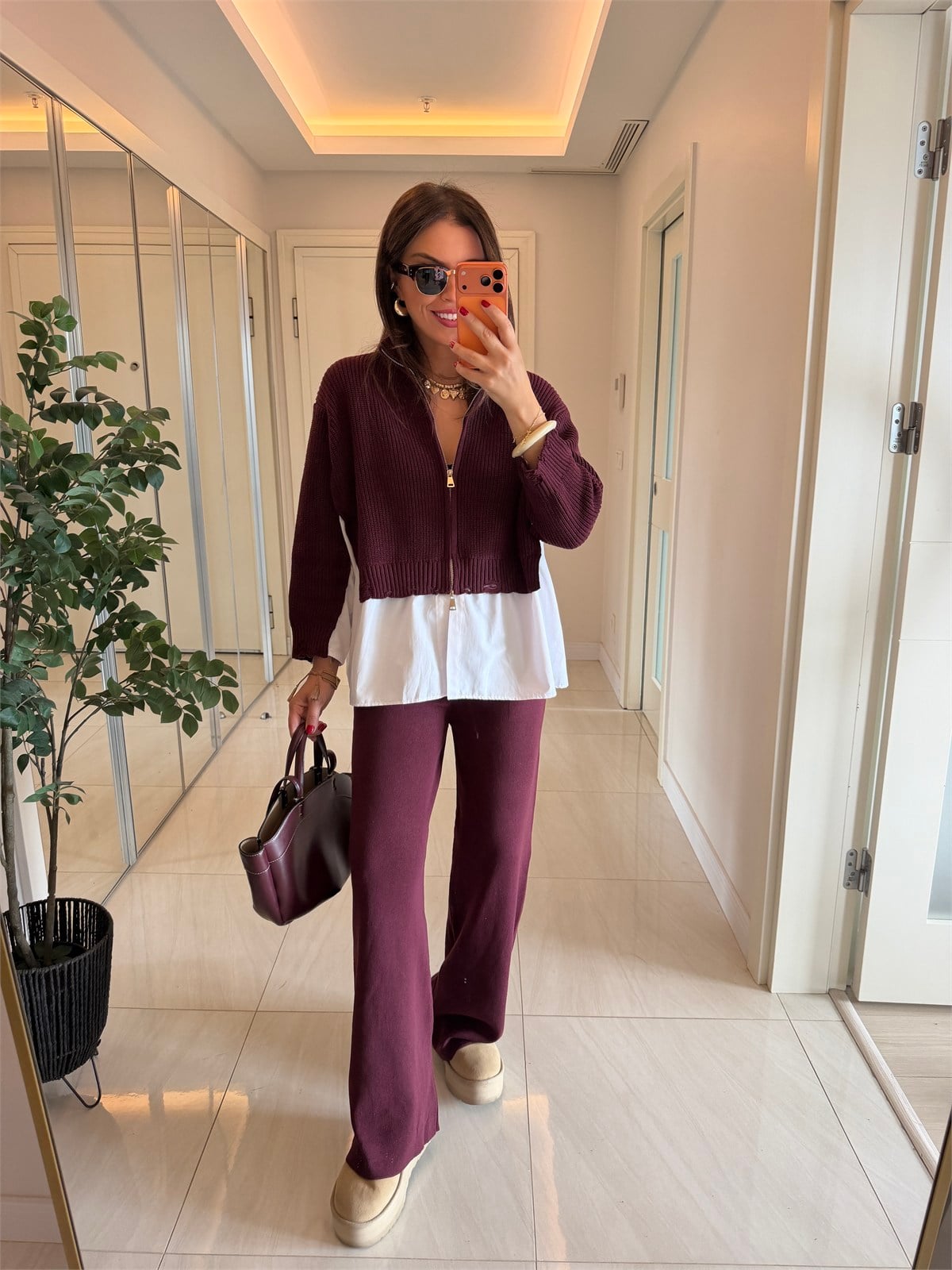 Poplin Detaylı Çift Fermuarlı Triko Takım-Bordo