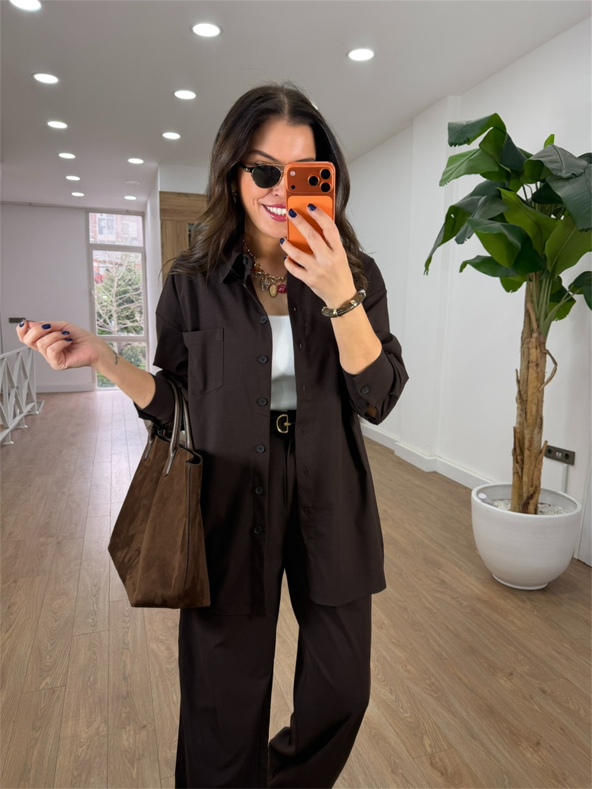 Cep Detaylı Gömlek Pantolon Takım - Kahverengi