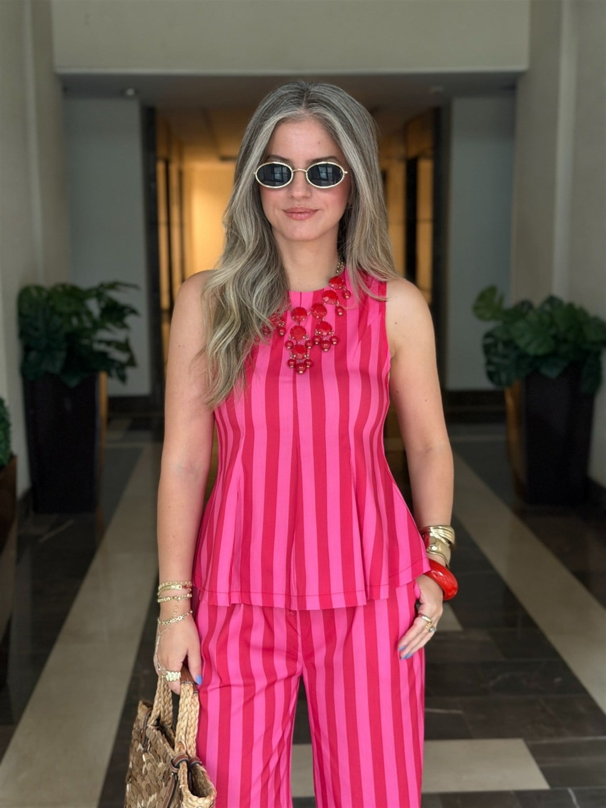 Kırmızı Pembe Çizgili Bluz Pantolon Takım
