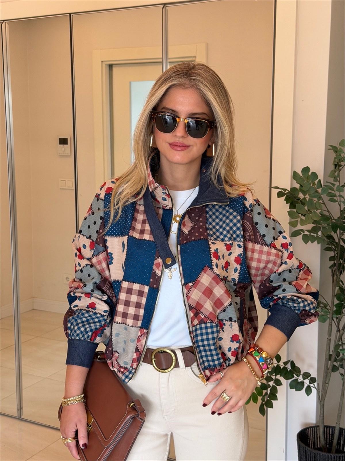 Patchwork Desen Yüksek Yaka Bomber 