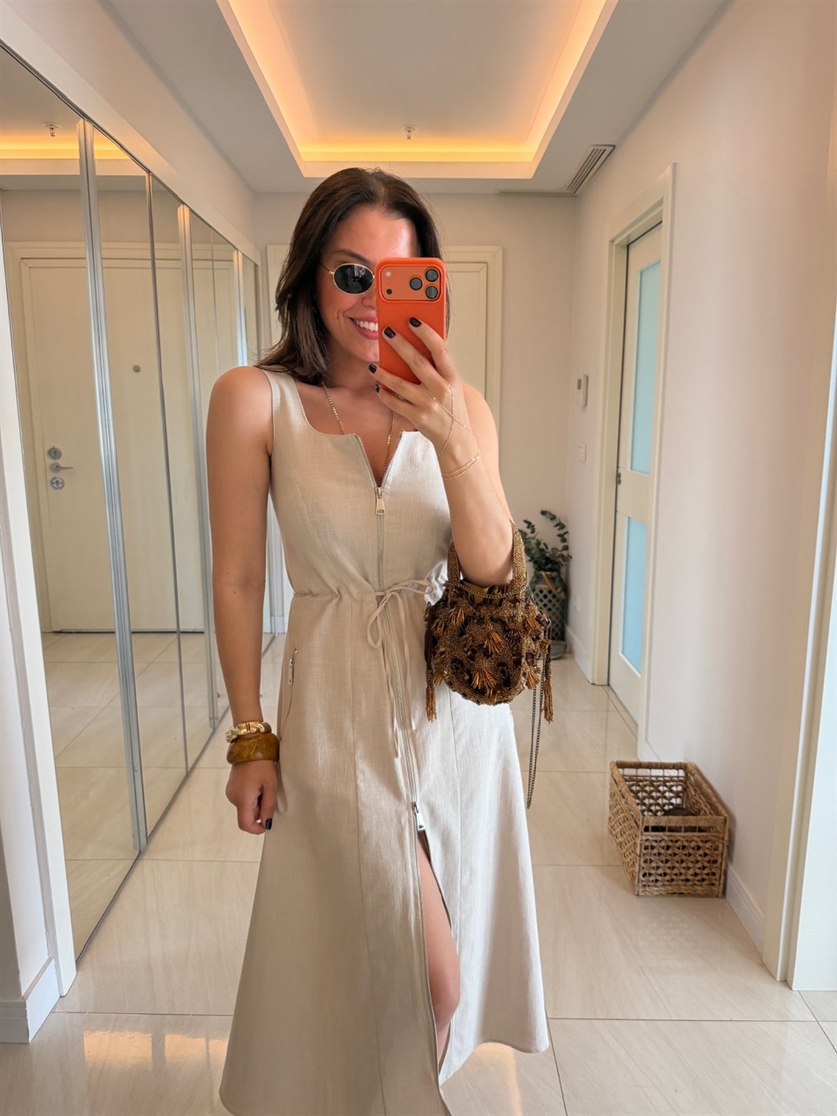 %100 Keten Fermuarlı Midi Elbise - Taş
