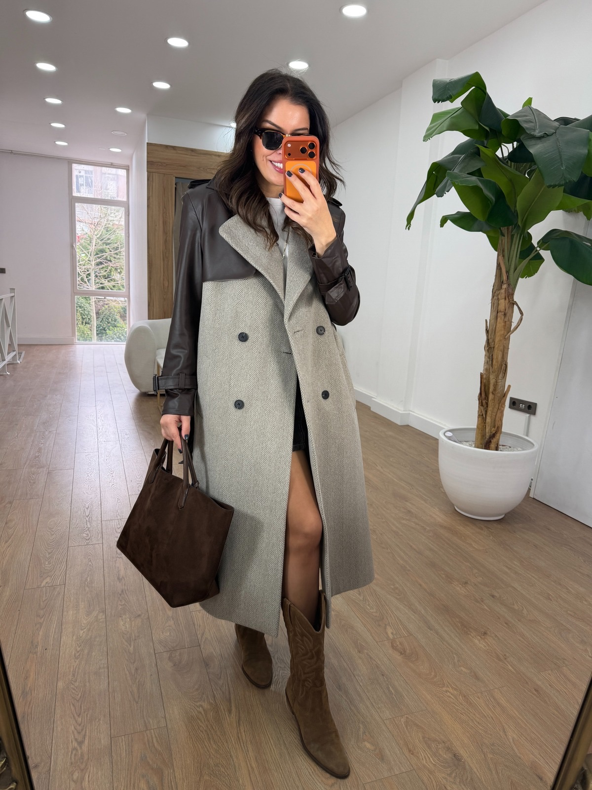 Premium Deri Detaylı Kırçıllı Kaban - Kahverengi