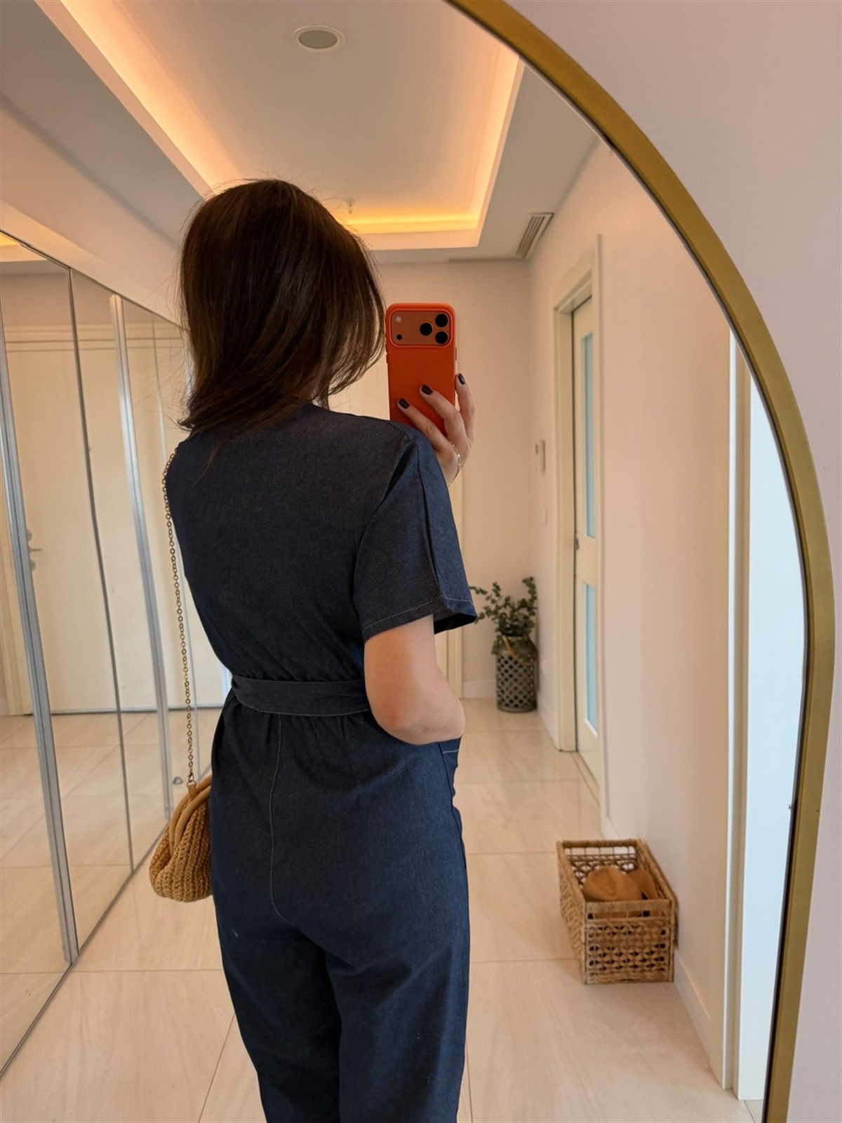Beli Kuşaklı Likralı Denim Tulum