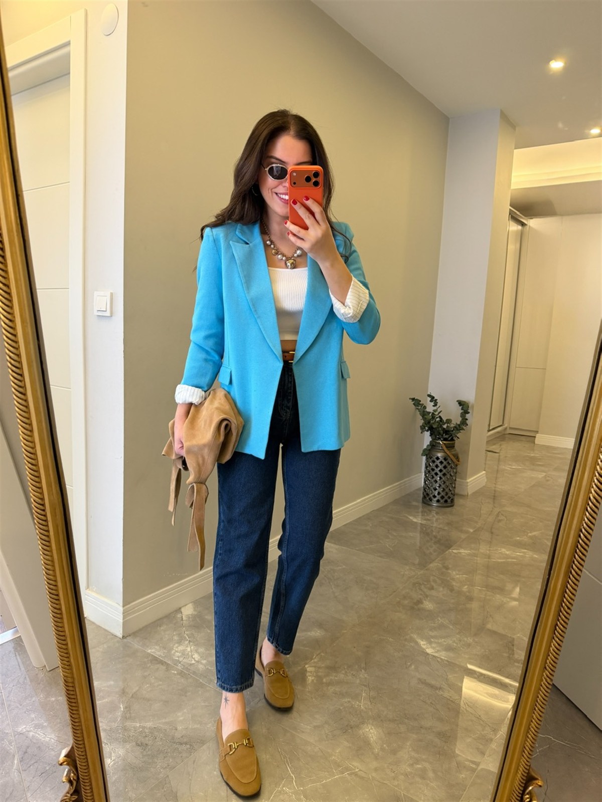 Astarı Çizgili Keten Ceket - Mavi