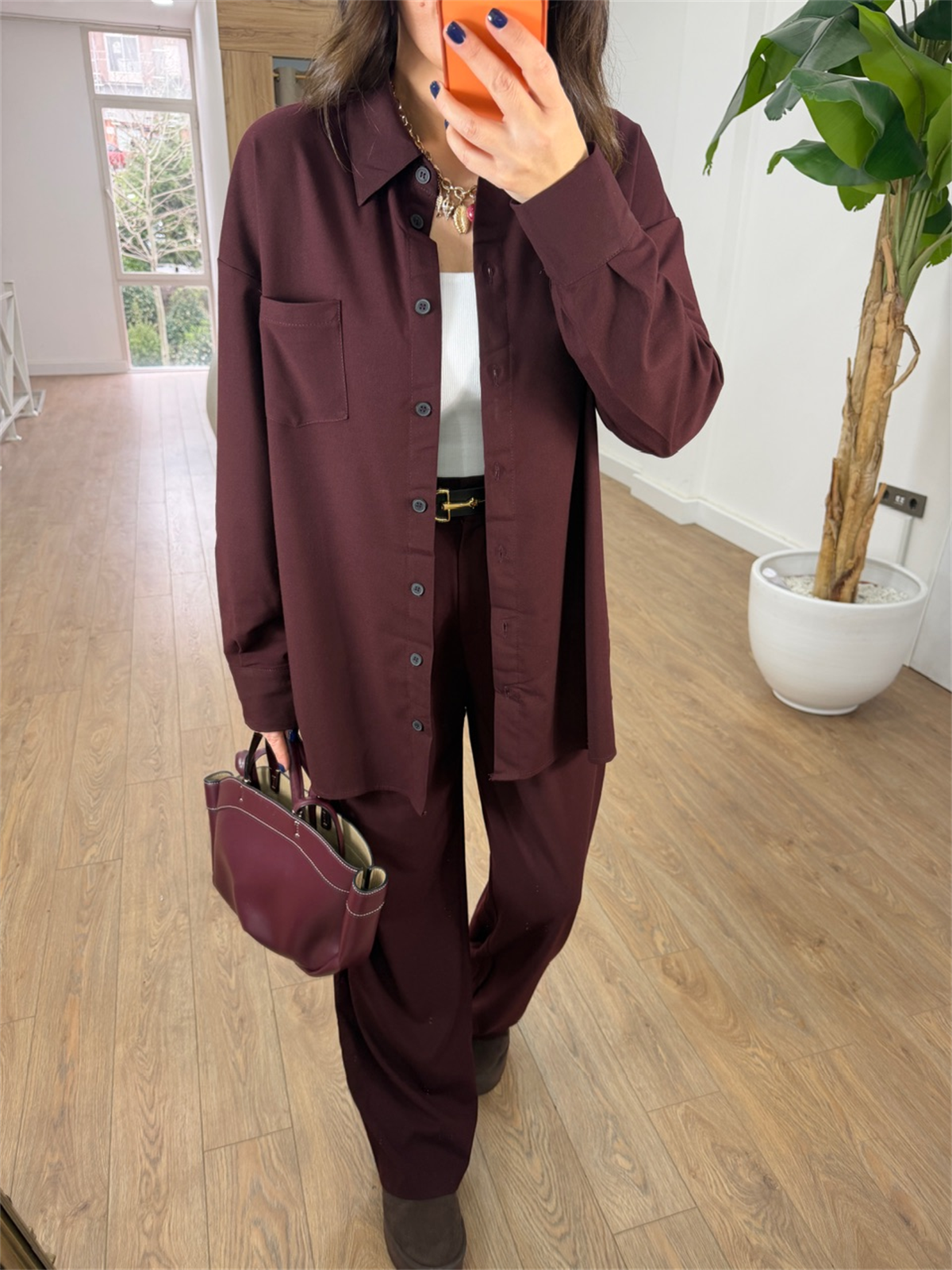 Cep Detaylı Gömlek Pantolon Takım - Bordo