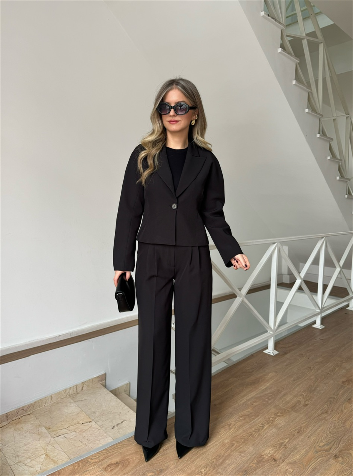 Kruvaze Yaka Kısa Pantolon Ceket - Siyah