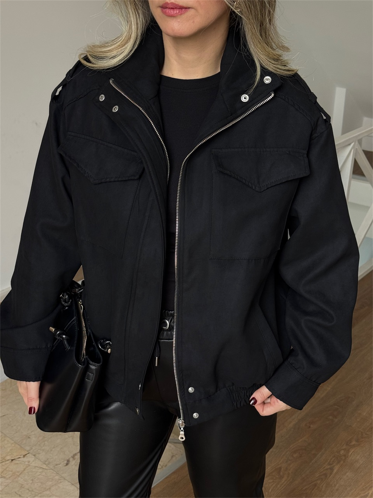 Beli Lastikli Cepli Bomber Süet Ceket - Siyah