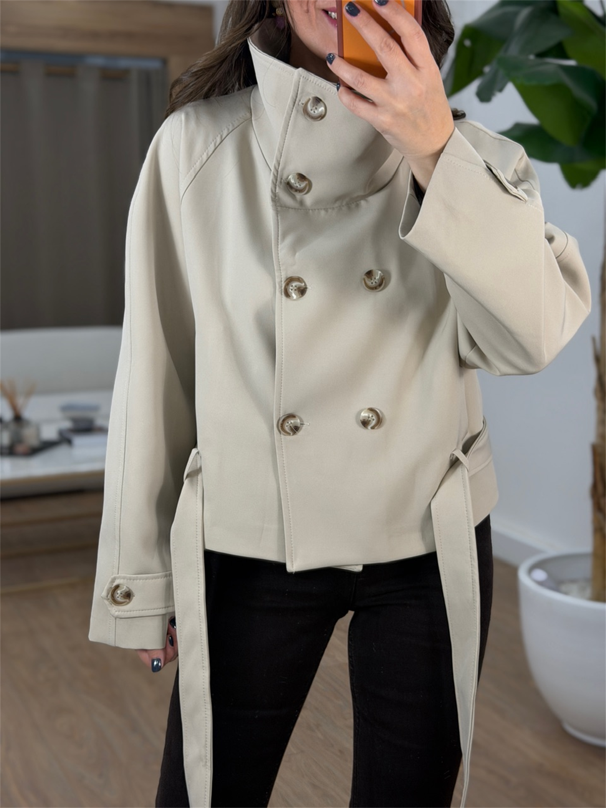 Dik Yaka Beli Bağlamalı Trençkot - Taş