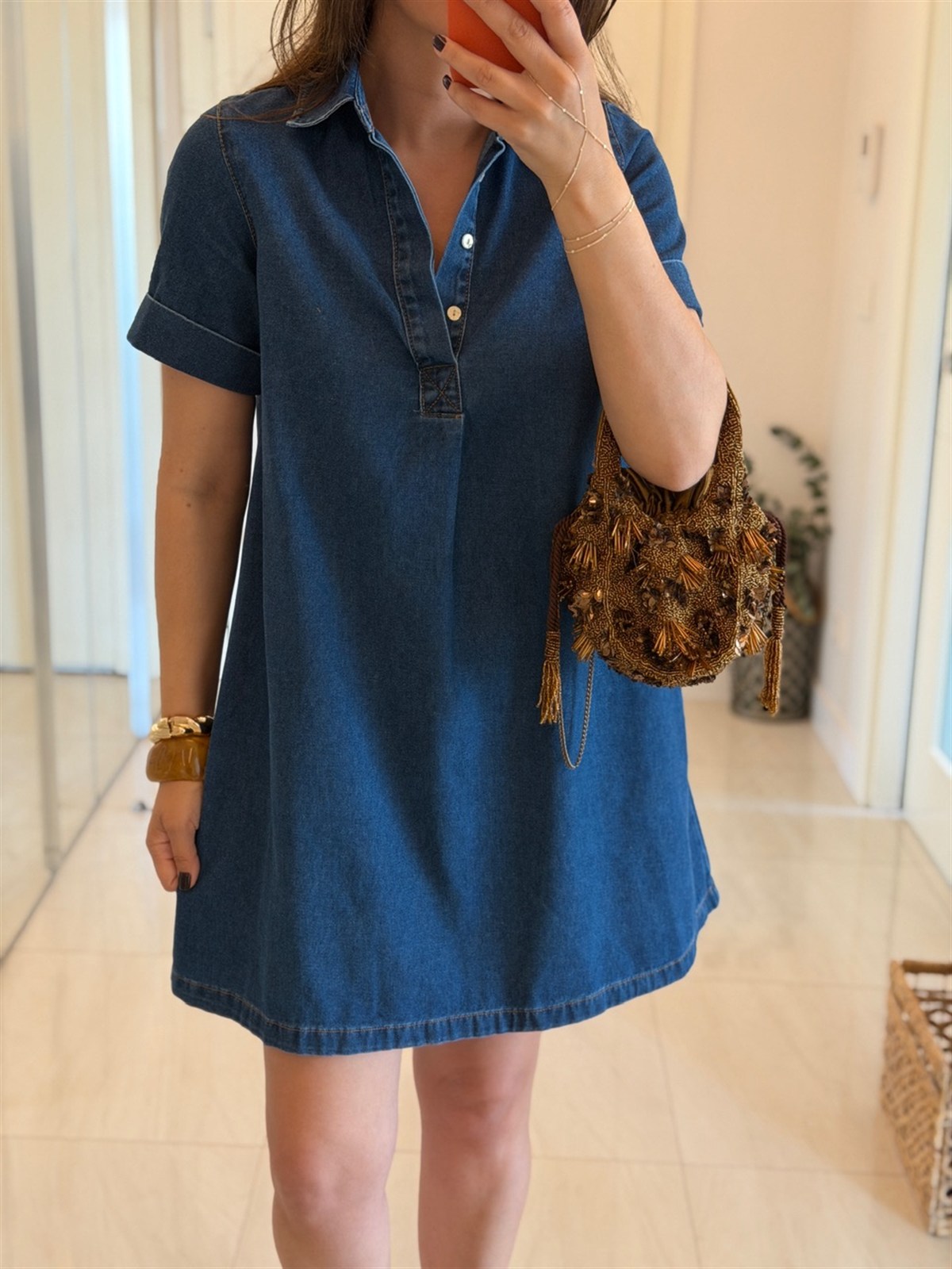 Polo Yaka Kısa Kollu Denim Elbise