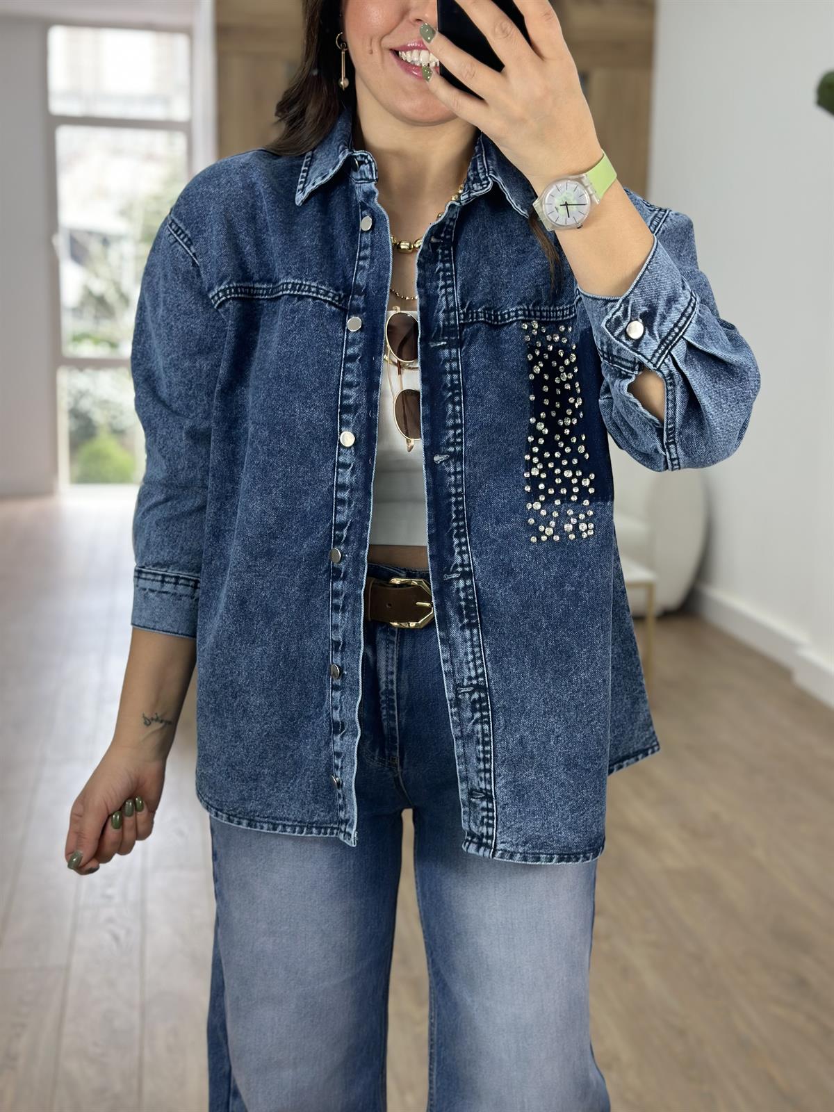 Çakım Taşlı Denim Ceket