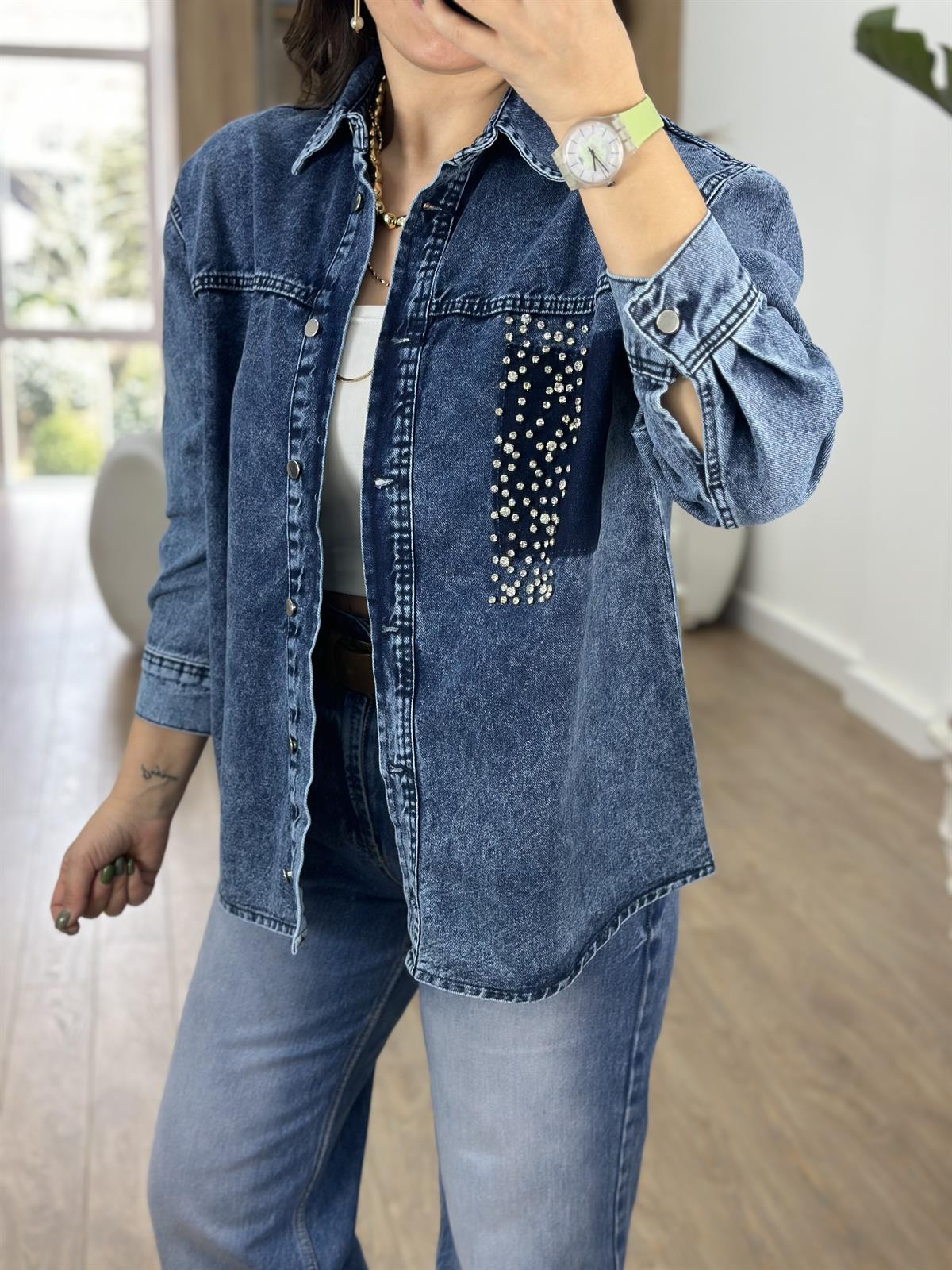 Çakım Taşlı Denim Ceket