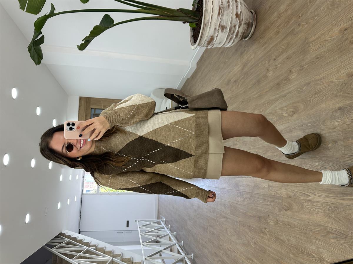 Camel Kahverengi Baklava Desenli Kazak