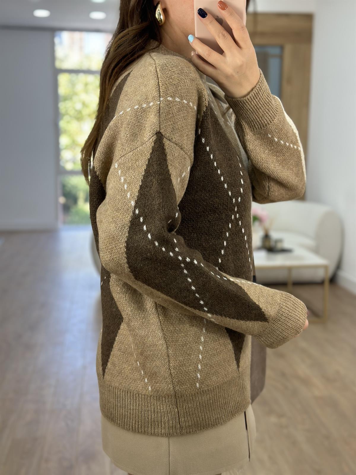 Camel Kahverengi Baklava Desenli Kazak