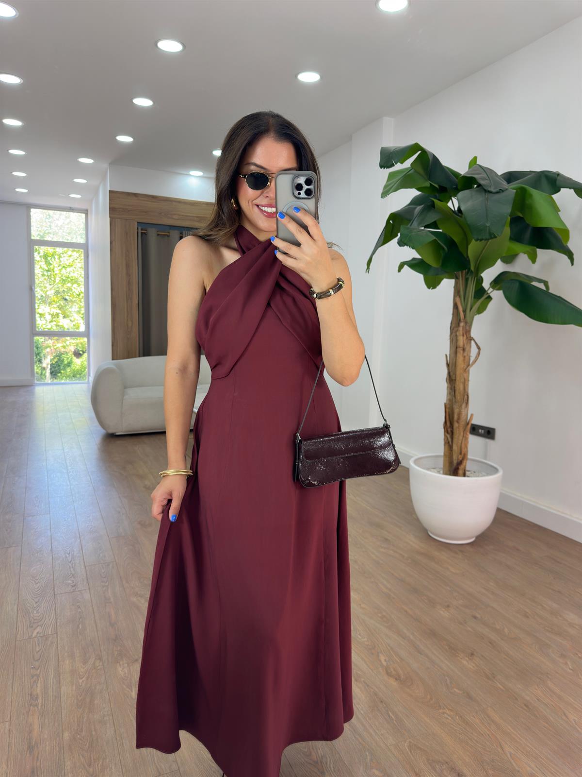 Çapraz Bağlamalı Midi Tensel Elbise - Bordo