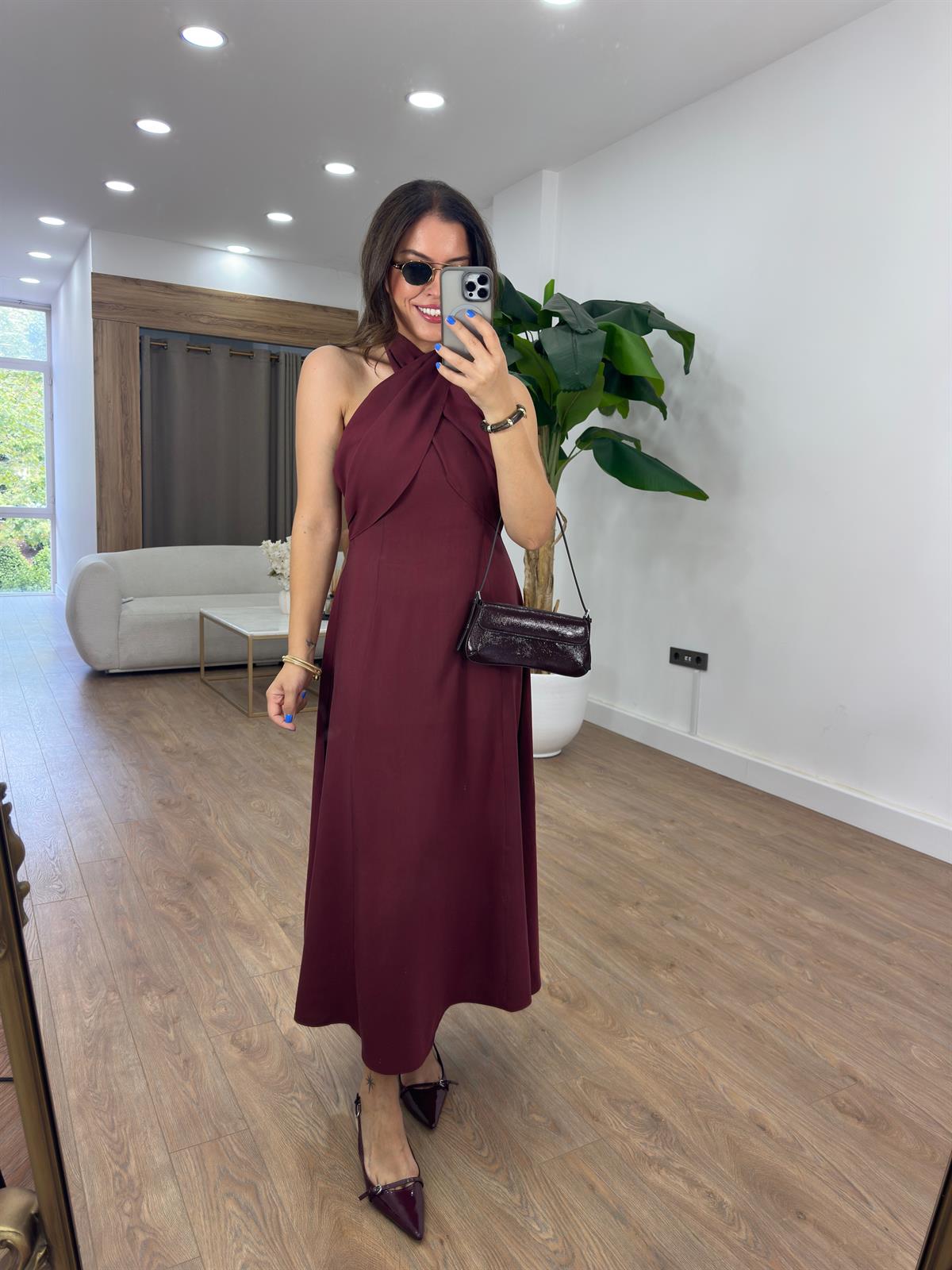 Çapraz Bağlamalı Midi Tensel Elbise - Bordo