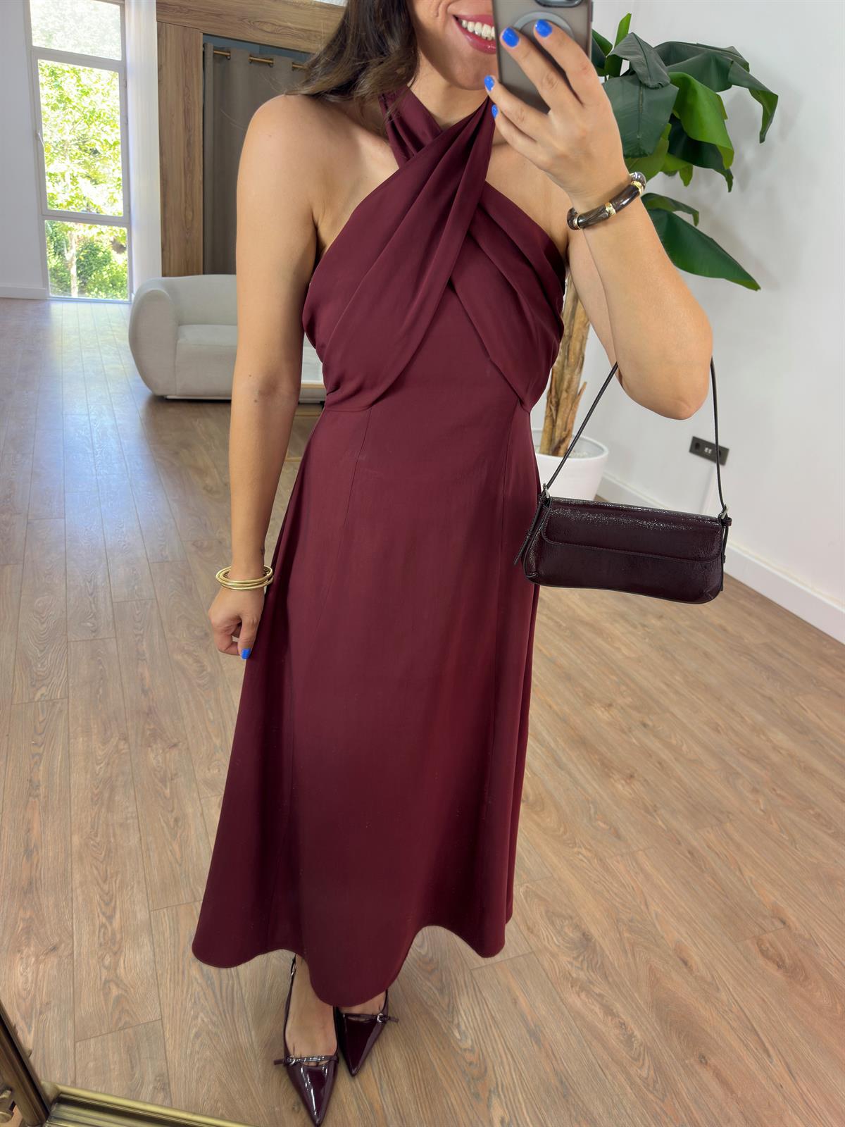 Çapraz Bağlamalı Midi Tensel Elbise - Bordo