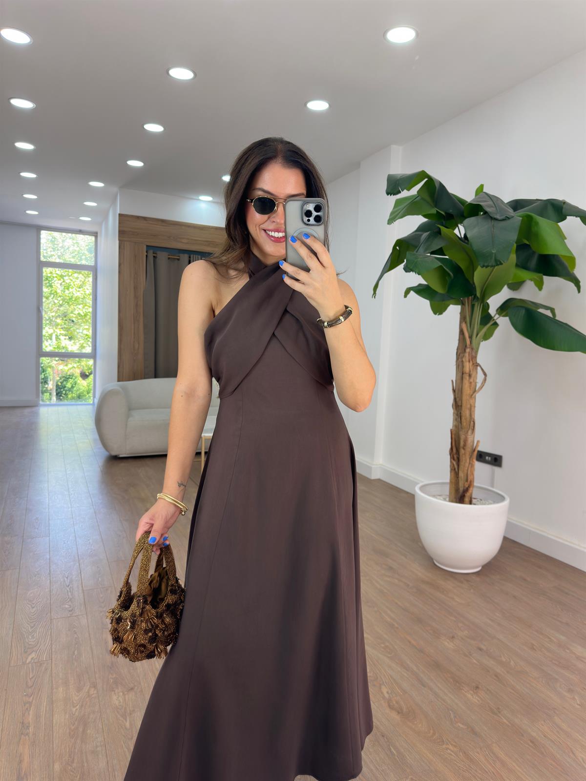 Çapraz Bağlamalı Midi Tensel Elbise - Kahverengi