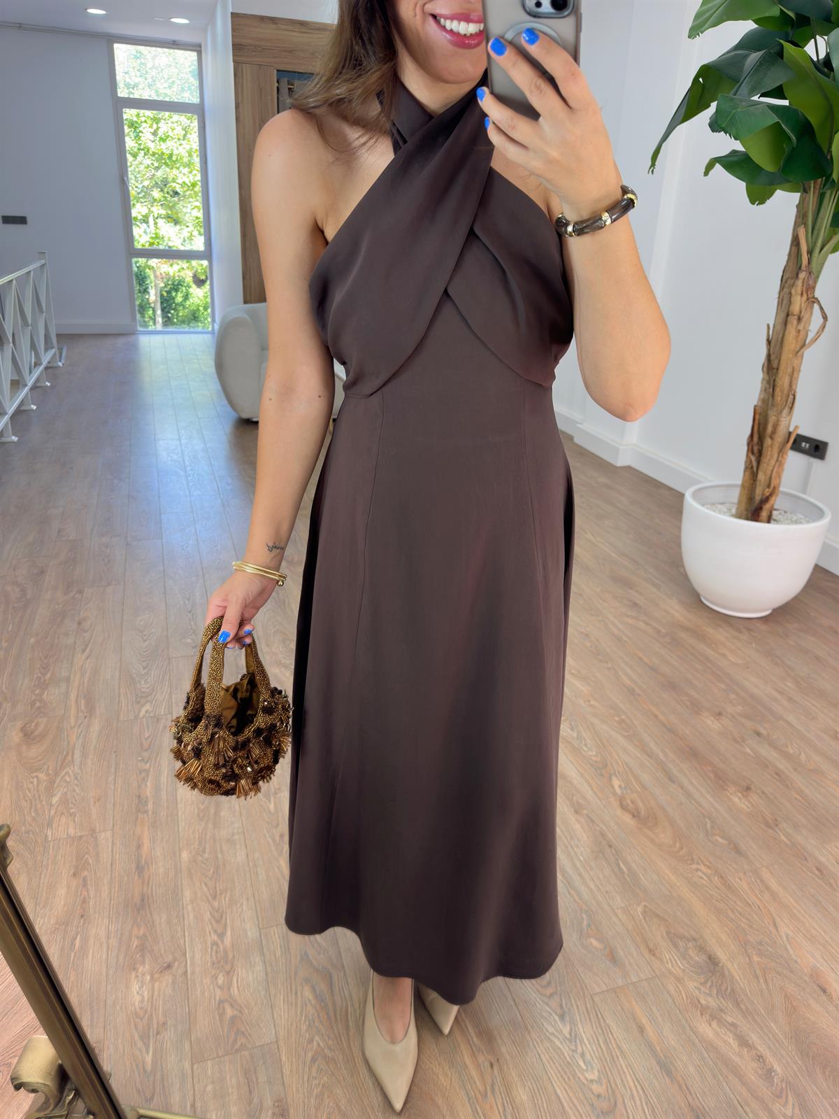 Çapraz Bağlamalı Midi Tensel Elbise - Kahverengi