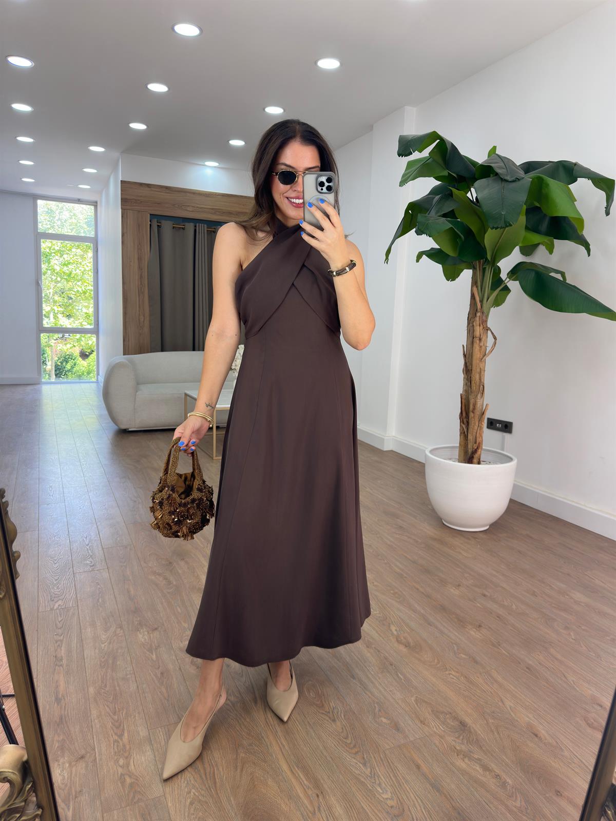 Çapraz Bağlamalı Midi Tensel Elbise - Kahverengi