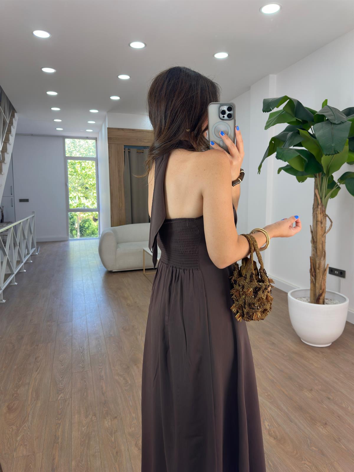 Çapraz Bağlamalı Midi Tensel Elbise - Kahverengi