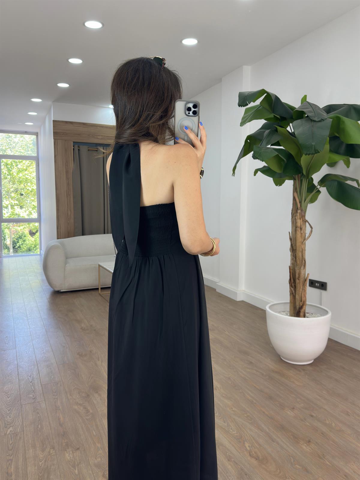 Çapraz Bağlamalı  Midi Tensel Elbise - Siyah