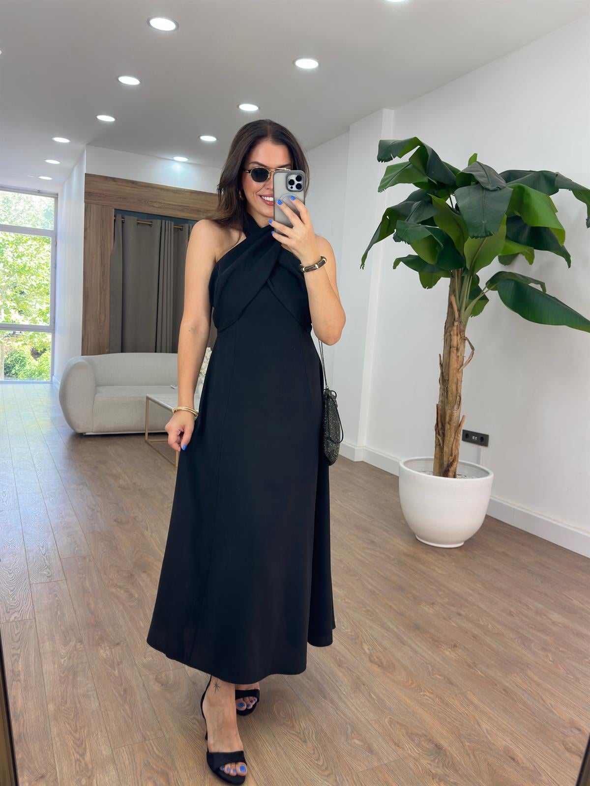 Çapraz Bağlamalı  Midi Tensel Elbise - Siyah