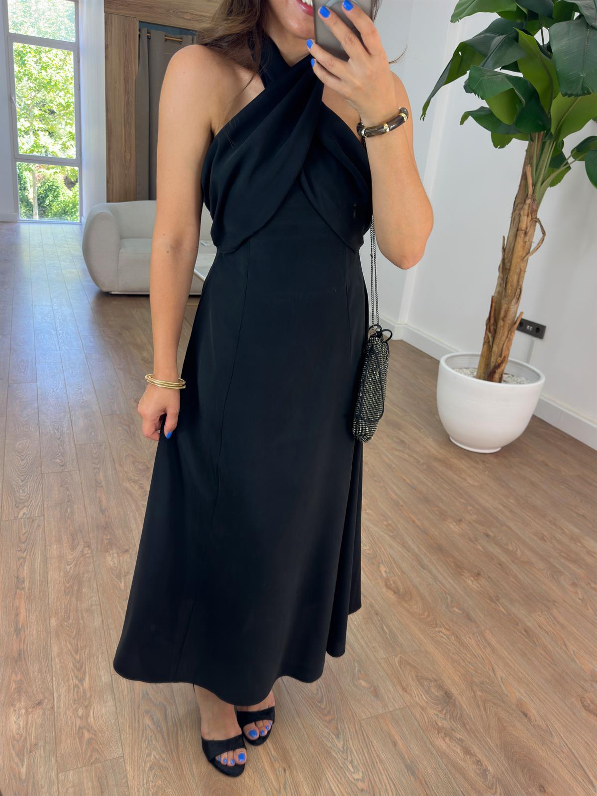 Çapraz Bağlamalı  Midi Tensel Elbise - Siyah